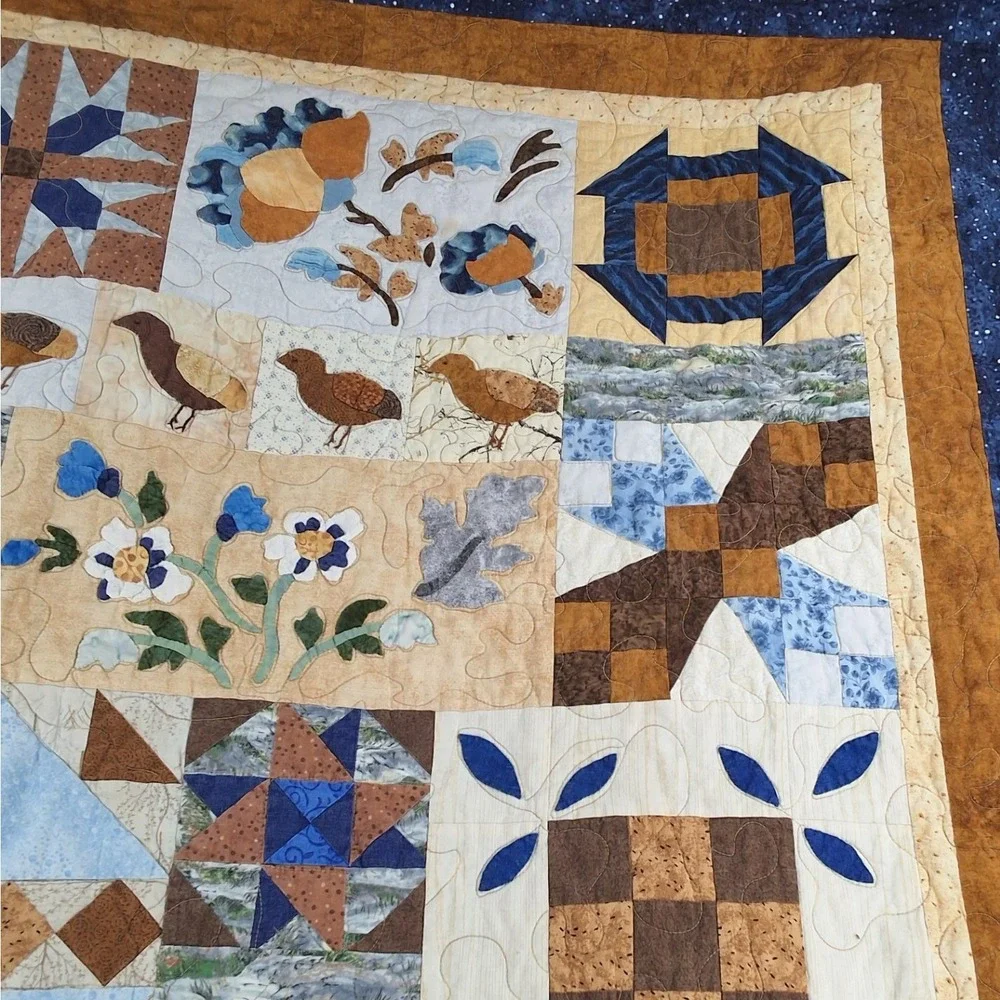 Handmade Patchwork Quilt Quail Bird Woodland Blue Brown Rustic Country Throw